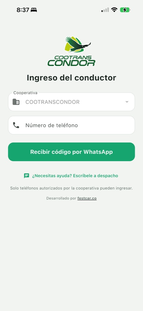 Pantalla de ingreso del conductor con la cooperativa y el número de teléfono