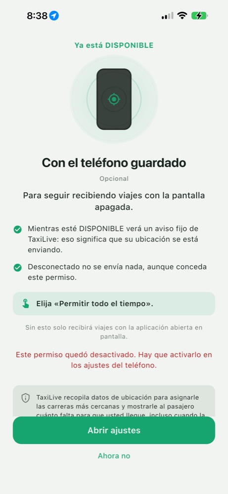 Pantalla Con el teléfono guardado explicando el permiso de ubicación en segundo plano