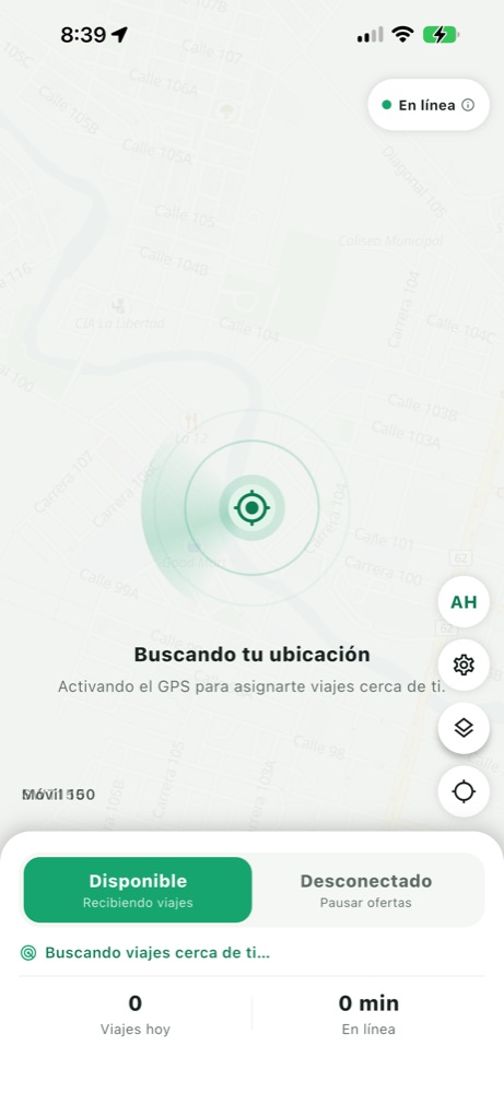 Pantalla principal de Taxi Live con el mapa y el botón Disponible