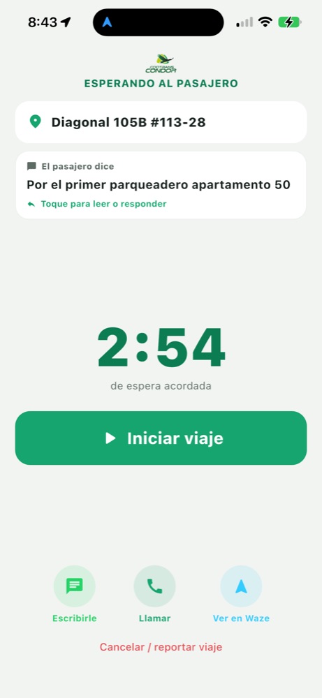 Pantalla de espera del pasajero con el contador y el botón Iniciar viaje