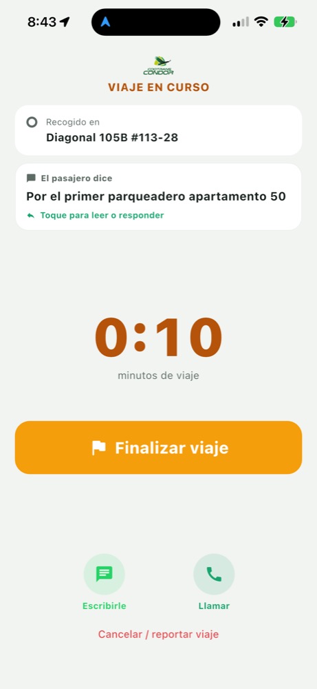 Pantalla de viaje en curso con el contador y el botón naranja Finalizar viaje