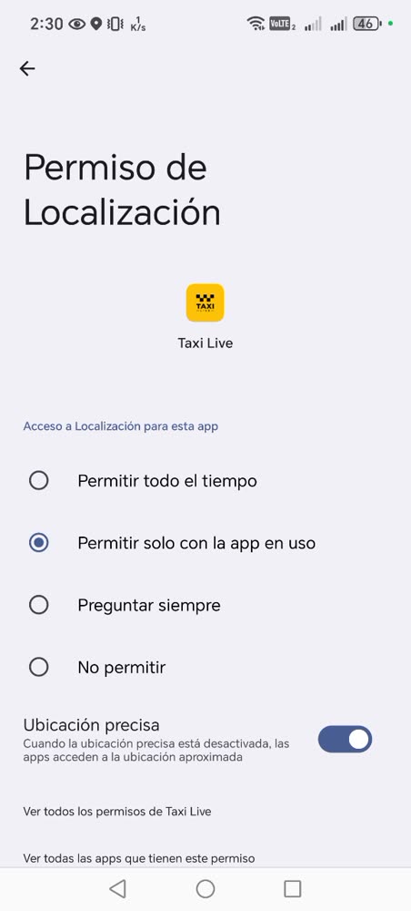 Ajustes de Android con las opciones de permiso de localización